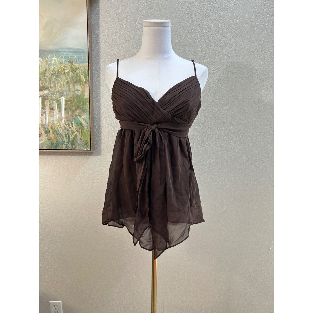 BCBGMAXAZRIA Brown 100% Silk Pleated Empire Waist Handkerchief Hem Camisole Top